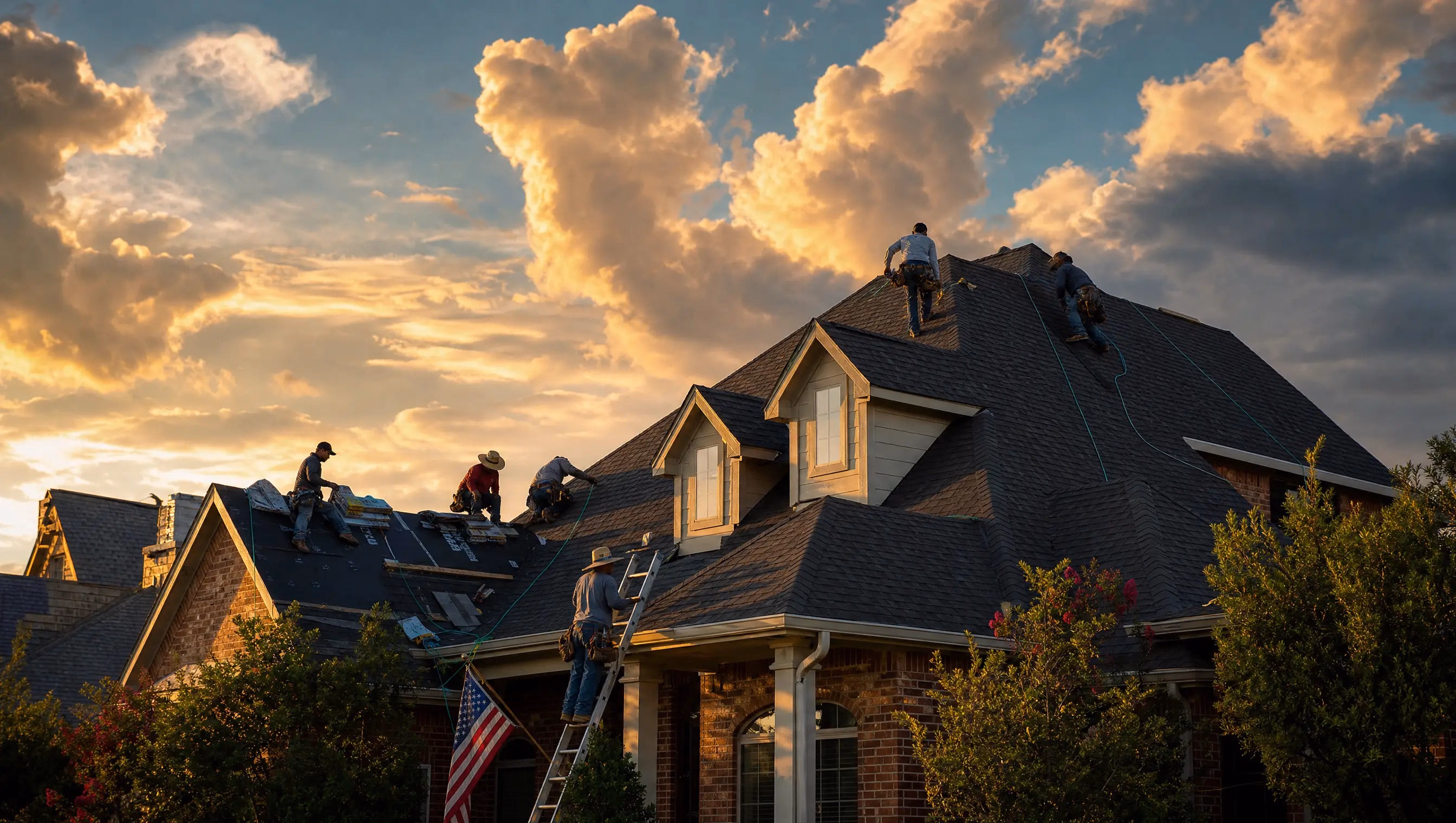 Texas Vets Roofing crew installing a new roof on a North Texas home at golden hour
