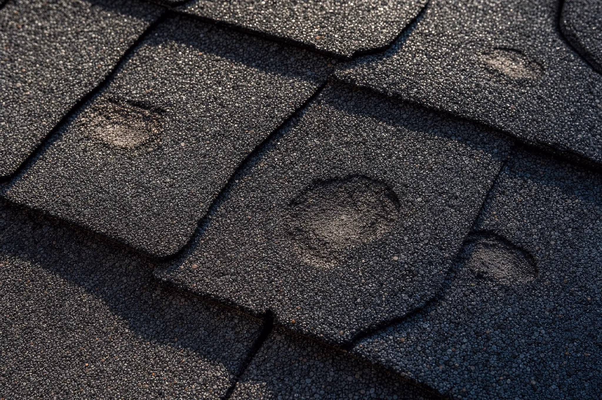 Close-up of hail-damaged asphalt shingles showing impact bruising and granule loss