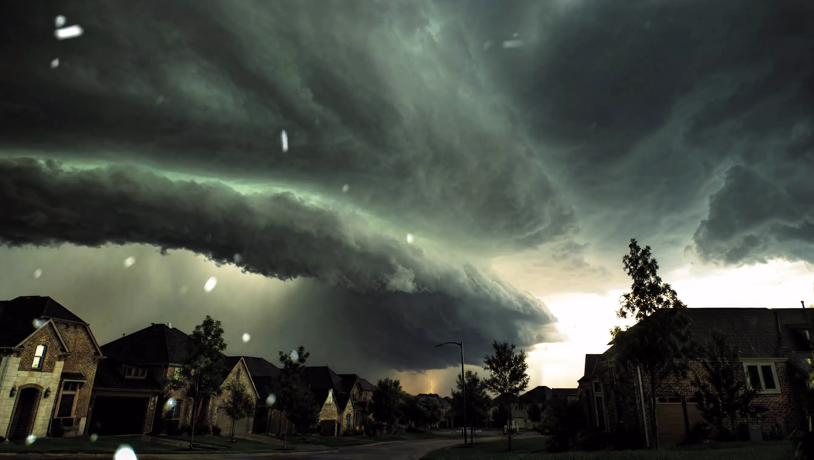 A dark supercell hailstorm rolling over a North Texas neighborhood