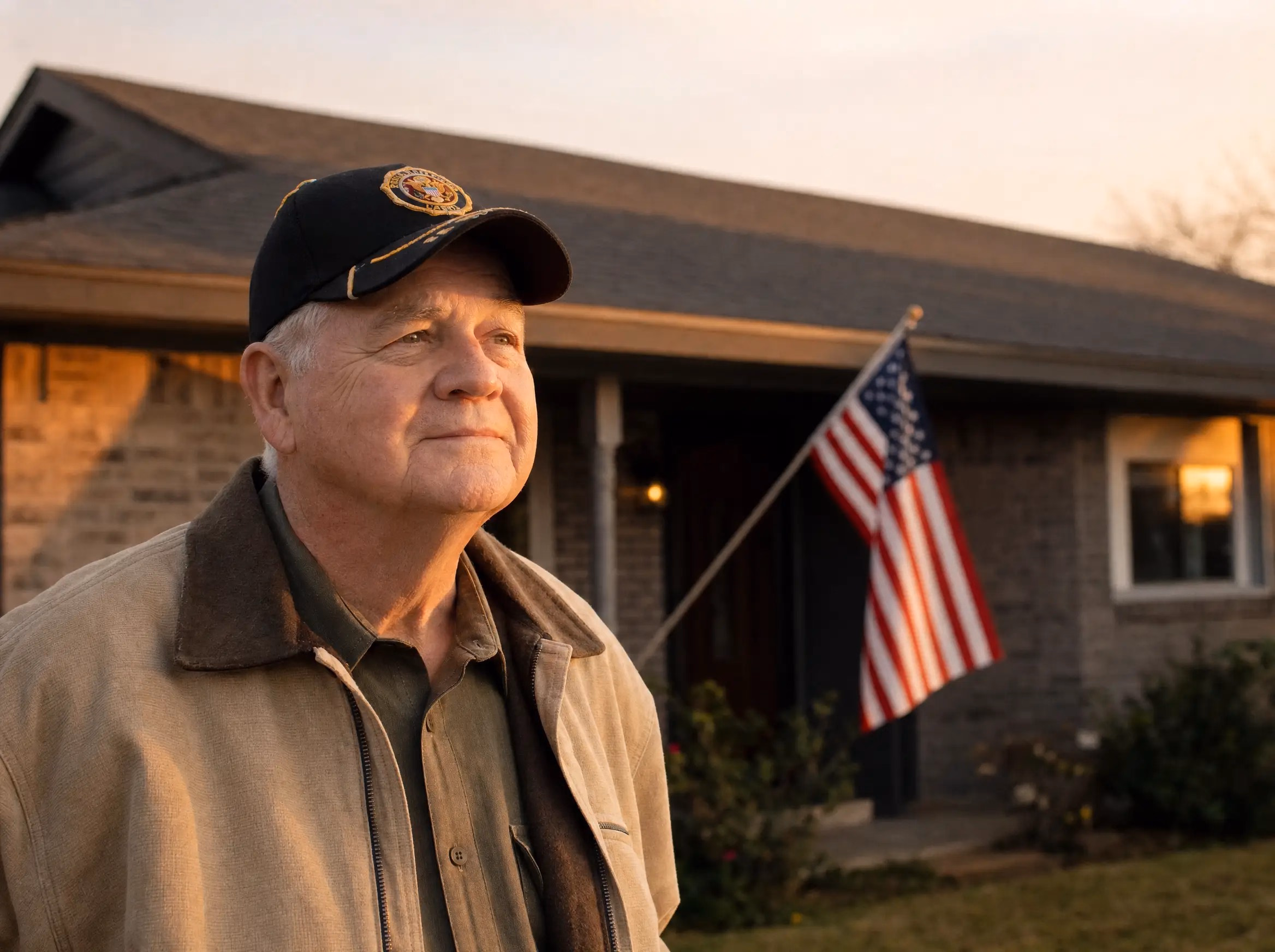 A U.S. military veteran standing in front of his home with a new roof donated by Roof 4 Vets